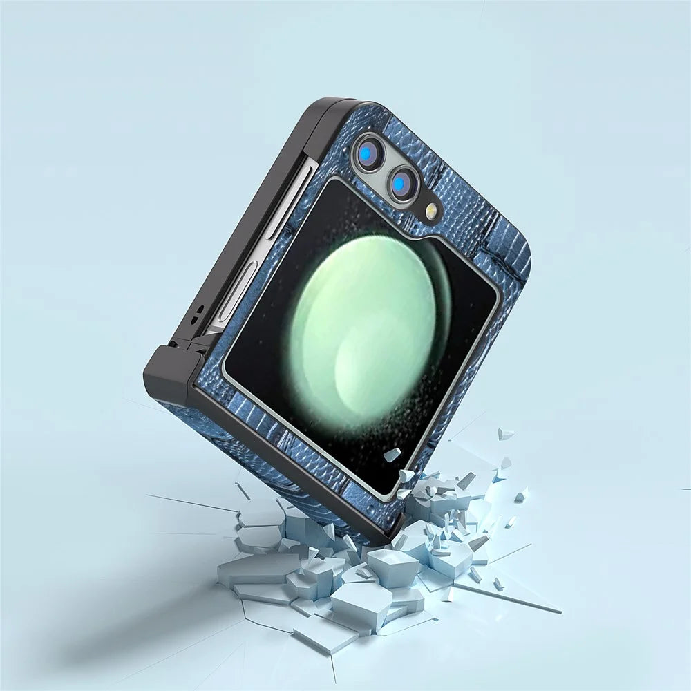 ABEEL For Samsung Galaxy Z Flip5 5G Case Mahjong Texture Genuine Cow Leather+PC Phone Cover - Blue - 2