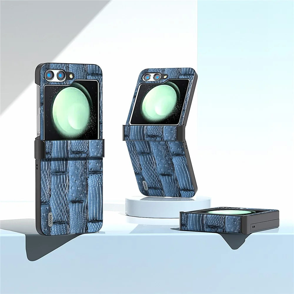ABEEL For Samsung Galaxy Z Flip5 5G Case Mahjong Texture Genuine Cow Leather+PC Phone Cover - Blue - 4