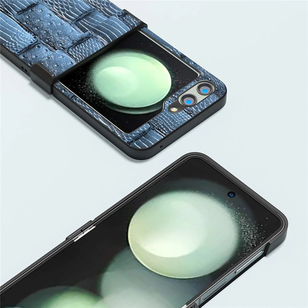 ABEEL For Samsung Galaxy Z Flip5 5G Case Mahjong Texture Genuine Cow Leather+PC Phone Cover - Blue - 5