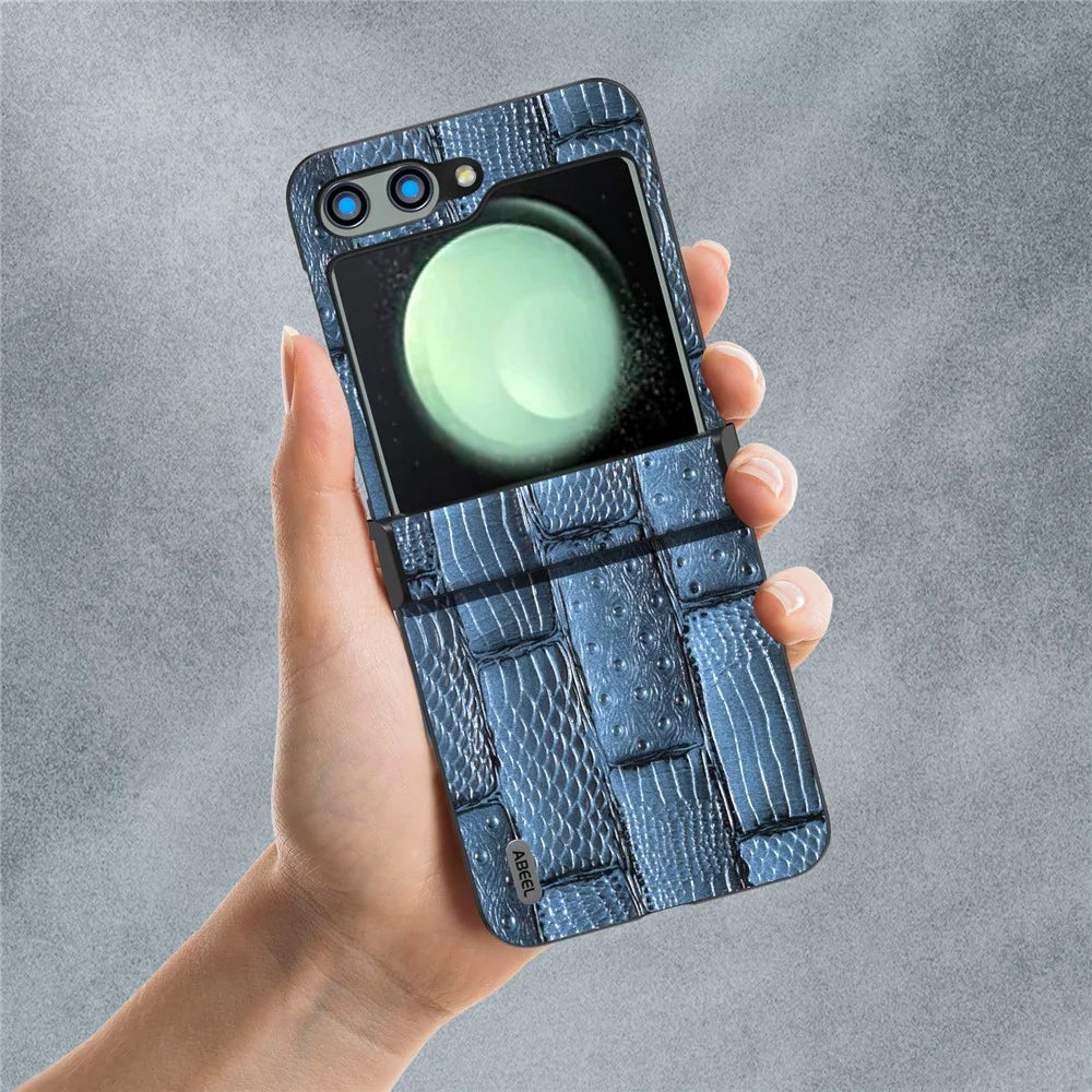 ABEEL For Samsung Galaxy Z Flip5 5G Case Mahjong Texture Genuine Cow Leather+PC Phone Cover - Blue - 6