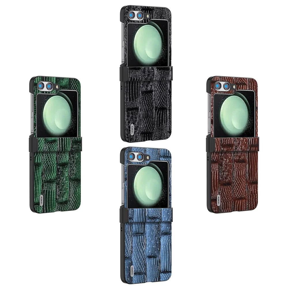 ABEEL For Samsung Galaxy Z Flip5 5G Case Mahjong Texture Genuine Cow Leather+PC Phone Cover - Blue - 7