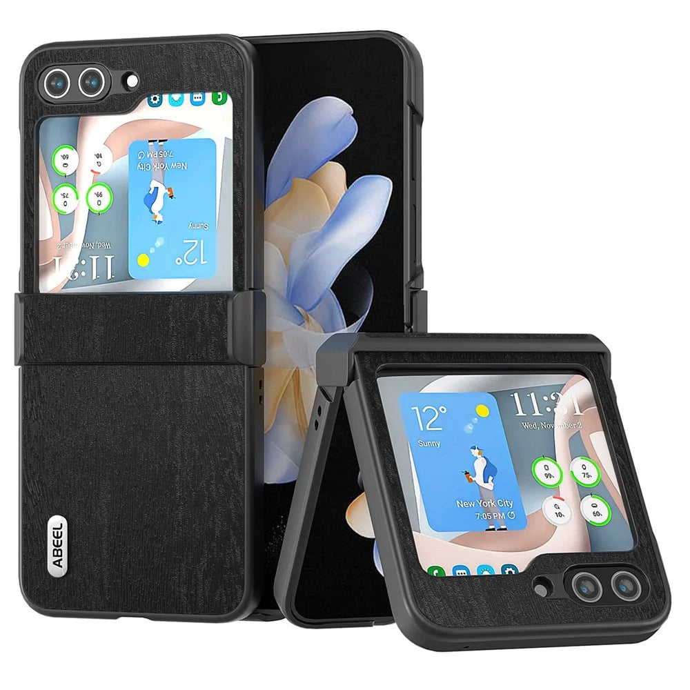 ABEEL For Samsung Galaxy Z Flip5 5G Case Wood Texture Hinge Design Leather+PC Cover - Black - 1