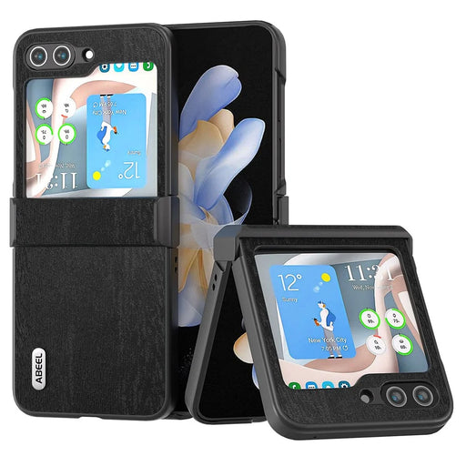 ABEEL For Samsung Galaxy Z Flip5 5G Case Wood Texture Hinge Design Leather+PC Cover - Black - 1