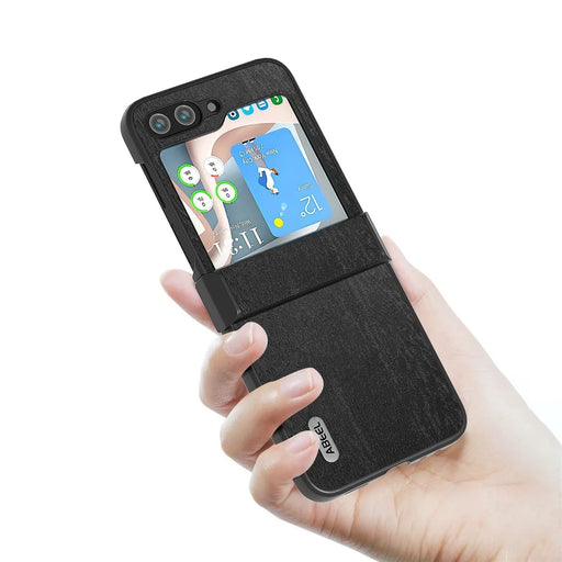 ABEEL For Samsung Galaxy Z Flip5 5G Case Wood Texture Hinge Design Leather+PC Cover - Black - 2