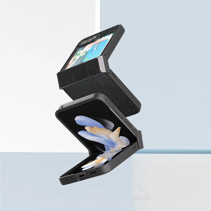 ABEEL For Samsung Galaxy Z Flip5 5G Case Wood Texture Hinge Design Leather+PC Cover - Black - 5