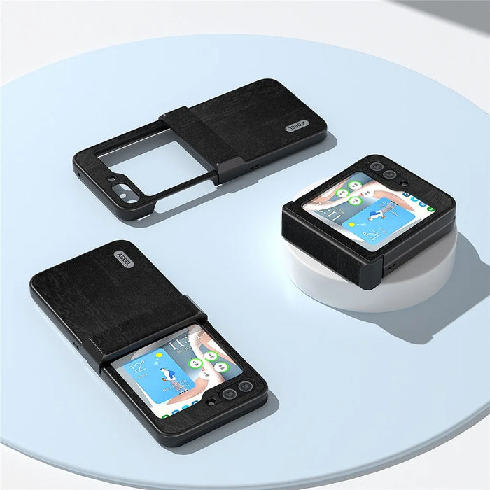 ABEEL For Samsung Galaxy Z Flip5 5G Case Wood Texture Hinge Design Leather+PC Cover - Black - 6