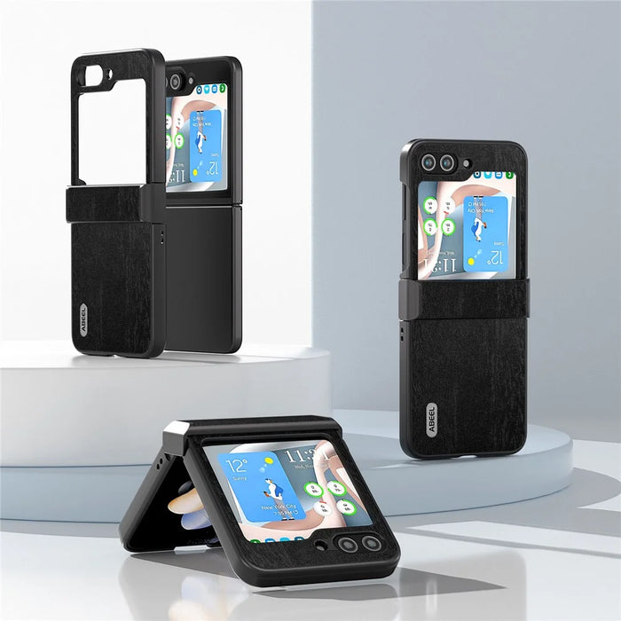 ABEEL For Samsung Galaxy Z Flip5 5G Case Wood Texture Hinge Design Leather+PC Cover - Black - 7