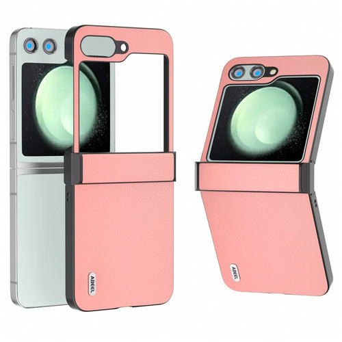 ABEEL For Samsung Galaxy Z Flip5 5G Case Genuine Cow Leather Coated PC Cover with Hinge Design - Pink - 1