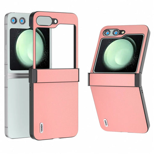 ABEEL For Samsung Galaxy Z Flip5 5G Case Genuine Cow Leather Coated PC Cover with Hinge Design - Pink - 1