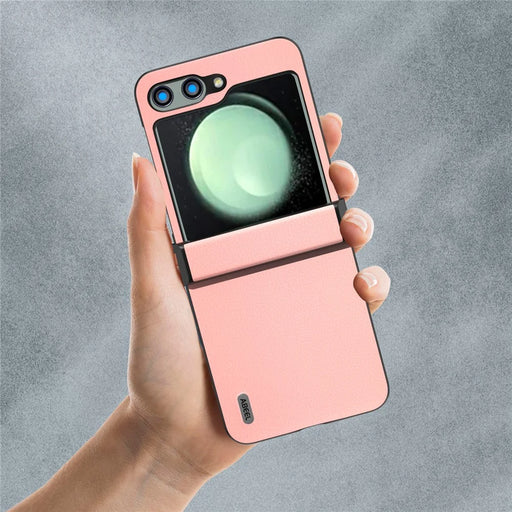 ABEEL For Samsung Galaxy Z Flip5 5G Case Genuine Cow Leather Coated PC Cover with Hinge Design - Pink - 2
