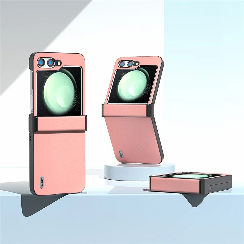 ABEEL For Samsung Galaxy Z Flip5 5G Case Genuine Cow Leather Coated PC Cover with Hinge Design - Pink - 6
