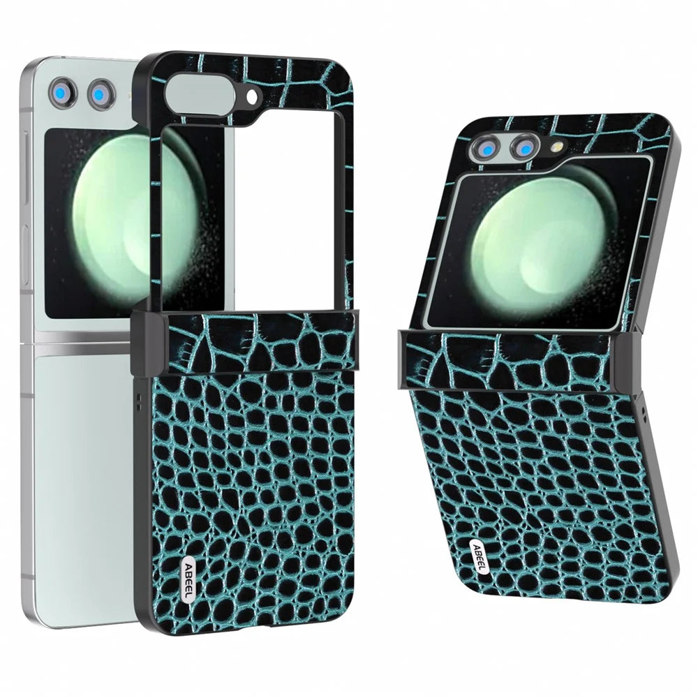 ABEEL For Samsung Galaxy Z Flip5 5G Case Hinge Protection Genuine Cow Leather+PC Cover - Midnight Green - 1