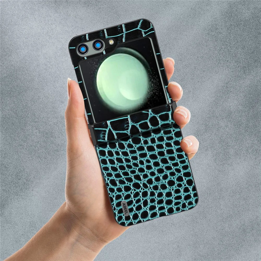 ABEEL For Samsung Galaxy Z Flip5 5G Case Hinge Protection Genuine Cow Leather+PC Cover - Midnight Green - 3