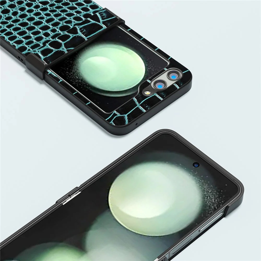 ABEEL For Samsung Galaxy Z Flip5 5G Case Hinge Protection Genuine Cow Leather+PC Cover - Midnight Green - 4