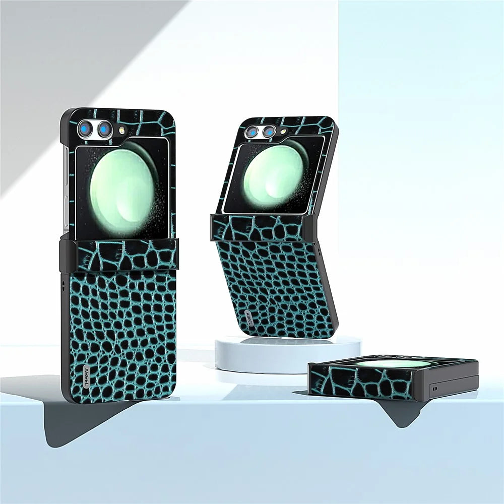 ABEEL For Samsung Galaxy Z Flip5 5G Case Hinge Protection Genuine Cow Leather+PC Cover - Midnight Green - 6