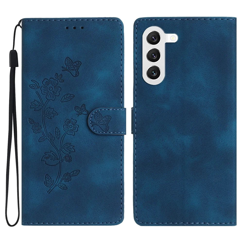 For Samsung Galaxy S24 Imprinted Flower Wallet Magnetic Phone Case PU Leather Stand Cover - Blue - 1