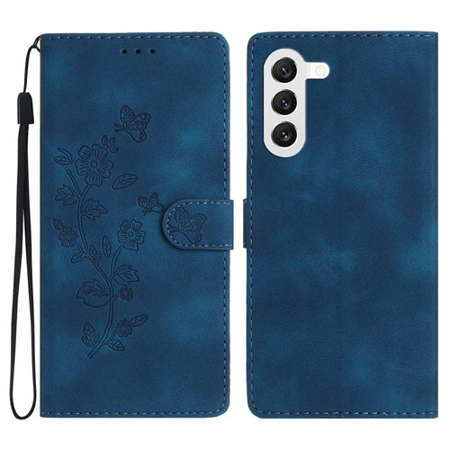 For Samsung Galaxy S24 Imprinted Flower Wallet Magnetic Phone Case PU Leather Stand Cover - Blue - 1