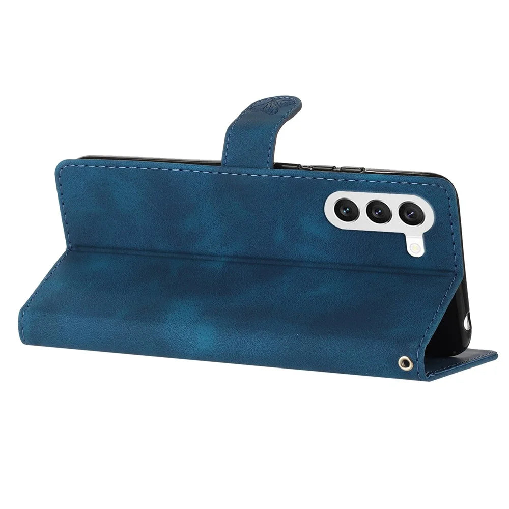 For Samsung Galaxy S24 Imprinted Flower Wallet Magnetic Phone Case PU Leather Stand Cover - Blue - 4