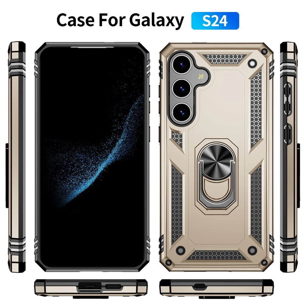 For Samsung Galaxy S24+ Case TPU+PC Phone Cover with Ring Kickstand - Gold - 7