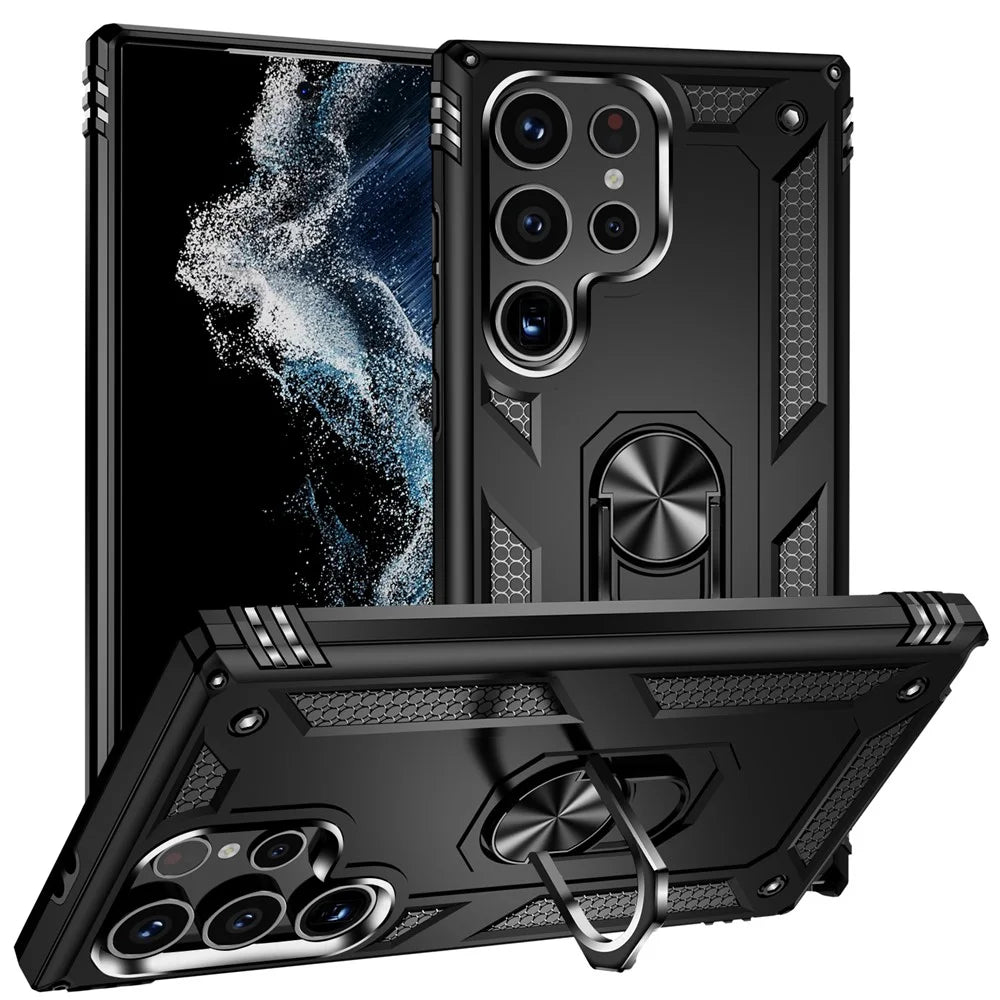 For Samsung Galaxy S24 Ultra Case TPU+PC Ring Kickstand Phone Back Shell - Black - 1