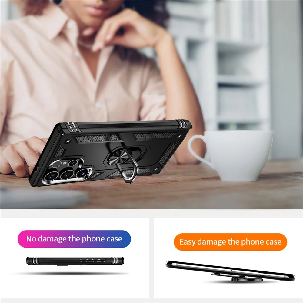 For Samsung Galaxy S24 Ultra Case TPU+PC Ring Kickstand Phone Back Shell - Black - 5