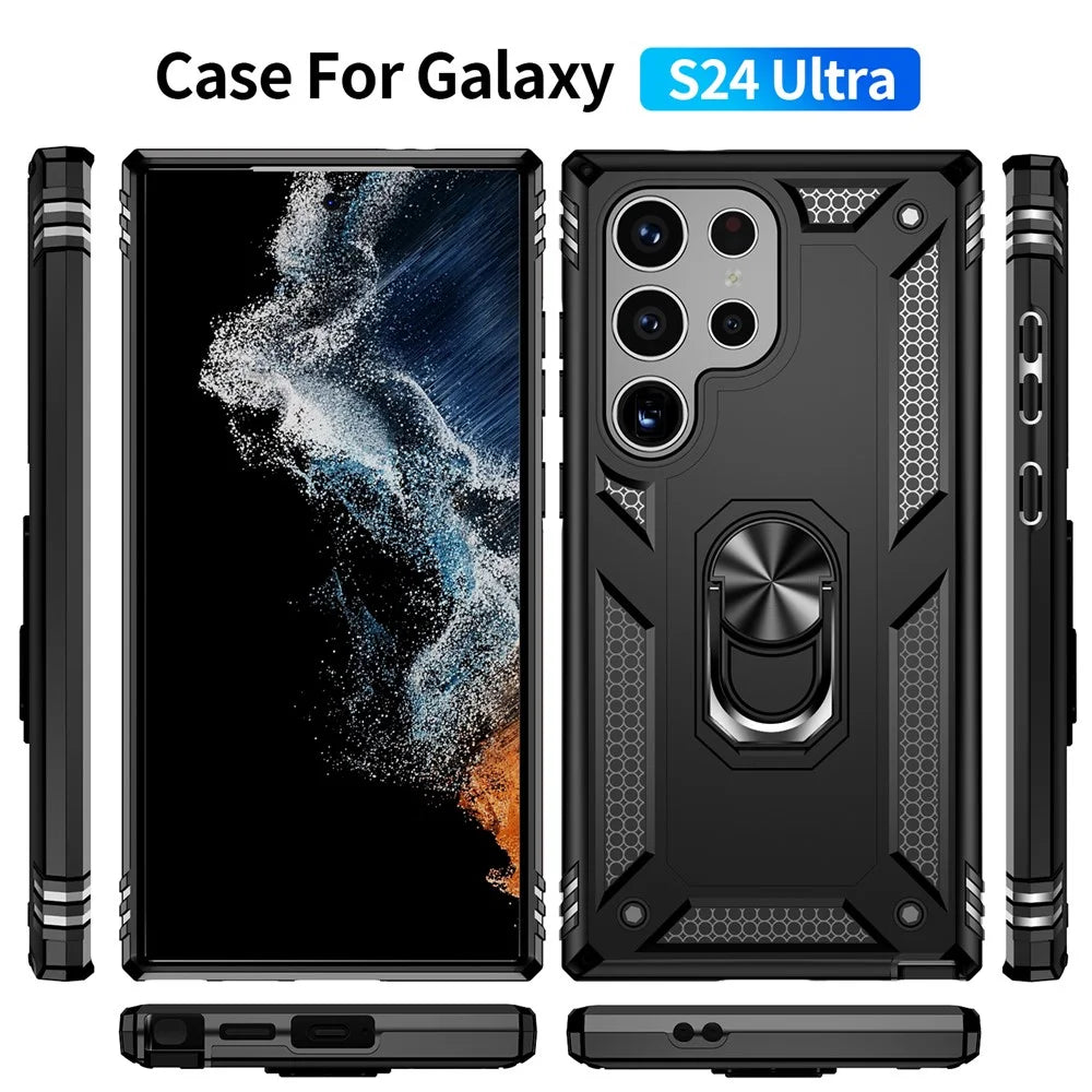 For Samsung Galaxy S24 Ultra Case TPU+PC Ring Kickstand Phone Back Shell - Black - 7