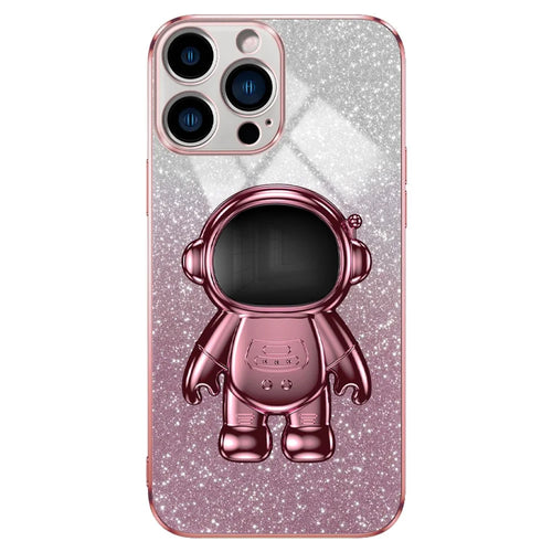 For iPhone 13 Pro Case Glitter Powder Electroplating Astronaut Kickstand PC+TPU Phone Cover - Pink - 1