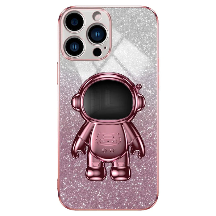 For iPhone 13 Pro Case Glitter Powder Electroplating Astronaut Kickstand PC+TPU Phone Cover - Pink - 1