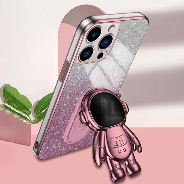 For iPhone 13 Pro Case Glitter Powder Electroplating Astronaut Kickstand PC+TPU Phone Cover - Pink - 2