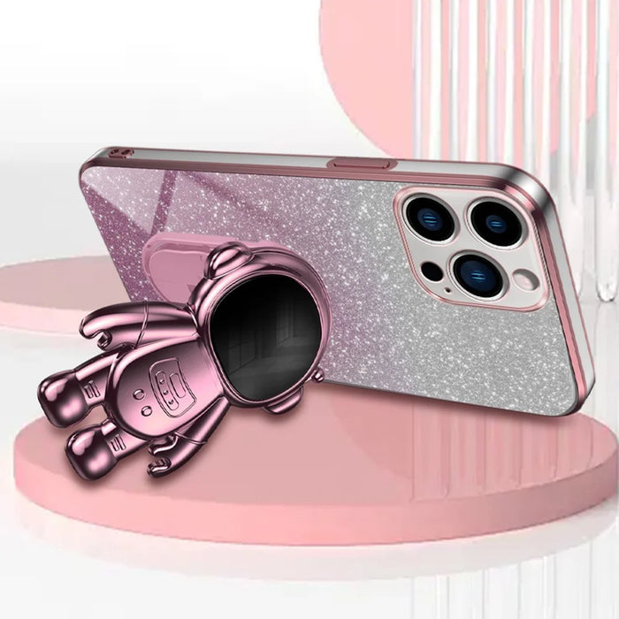 For iPhone 13 Pro Case Glitter Powder Electroplating Astronaut Kickstand PC+TPU Phone Cover - Pink - 3
