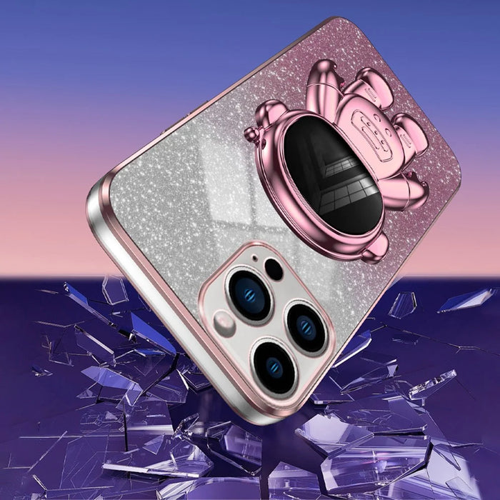 For iPhone 13 Pro Case Glitter Powder Electroplating Astronaut Kickstand PC+TPU Phone Cover - Pink - 4