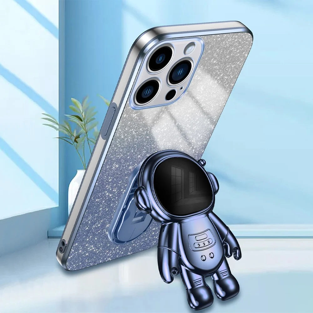 For iPhone 14 Pro Max Case Astronaut Kickstand Glitter Powder PC+TPU Phone Cover - Blue - 2