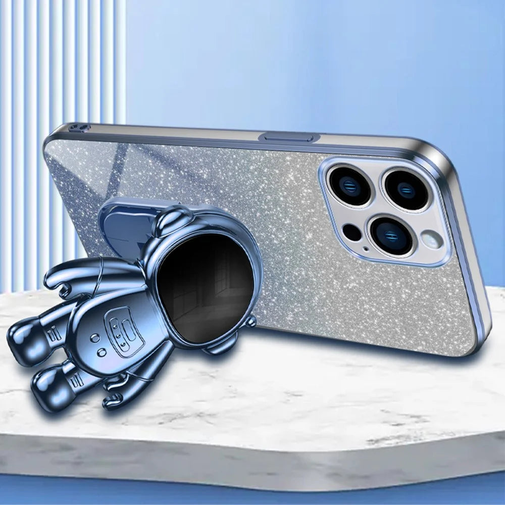 For iPhone 14 Pro Max Case Astronaut Kickstand Glitter Powder PC+TPU Phone Cover - Blue - 3