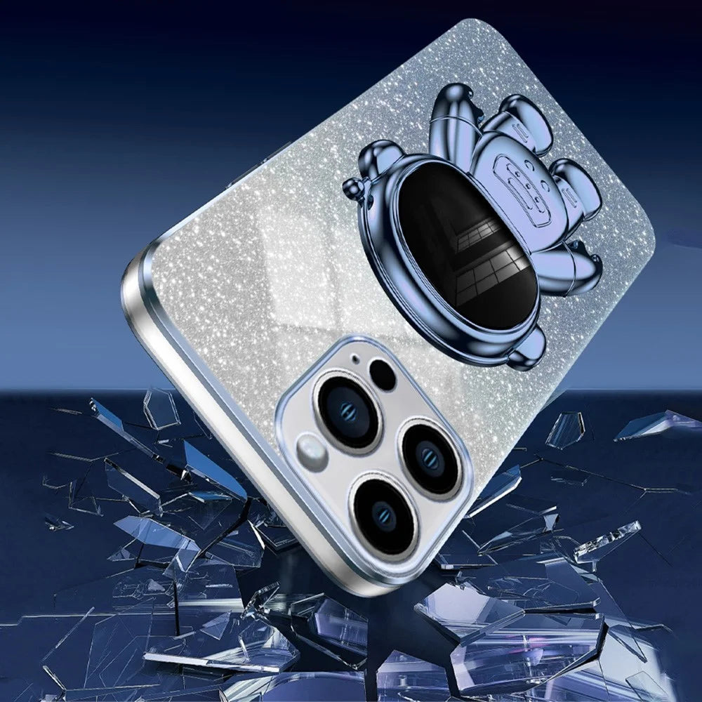 For iPhone 14 Pro Max Case Astronaut Kickstand Glitter Powder PC+TPU Phone Cover - Blue - 4