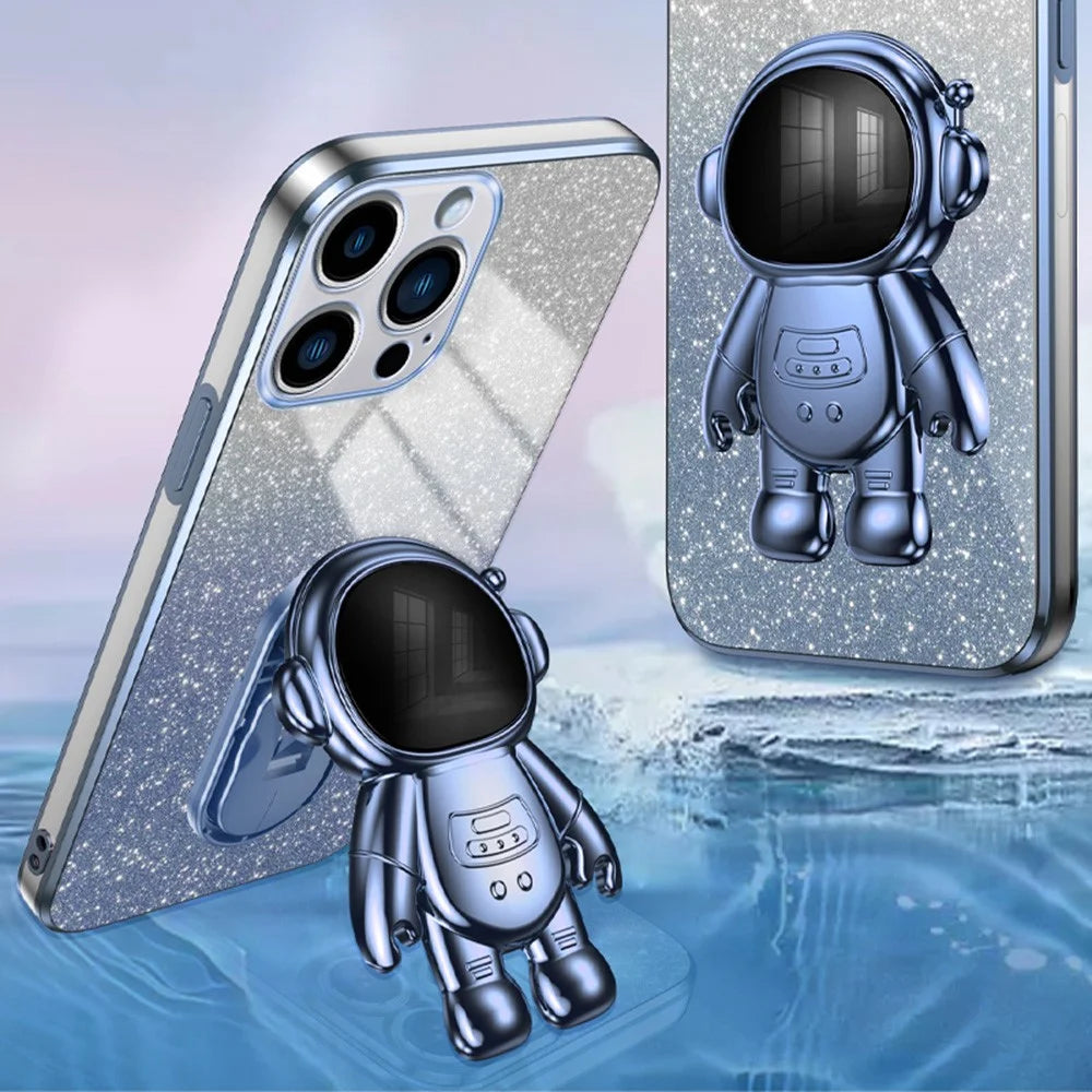 For iPhone 14 Pro Max Case Astronaut Kickstand Glitter Powder PC+TPU Phone Cover - Blue - 5