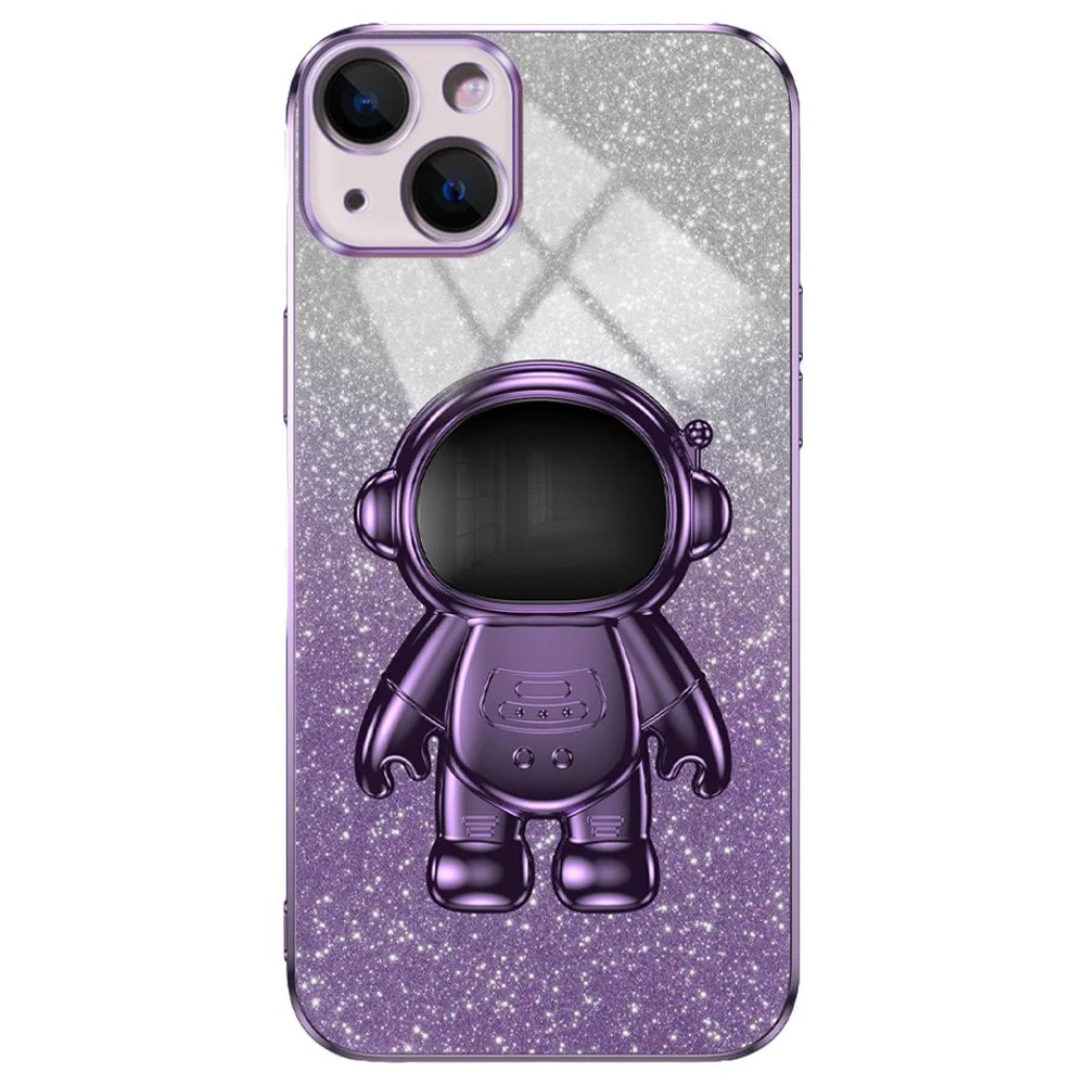For iPhone 15 Case Slim-Fit Phone Cover Astronaut Kickstand PC+TPU Shell - Purple - 1