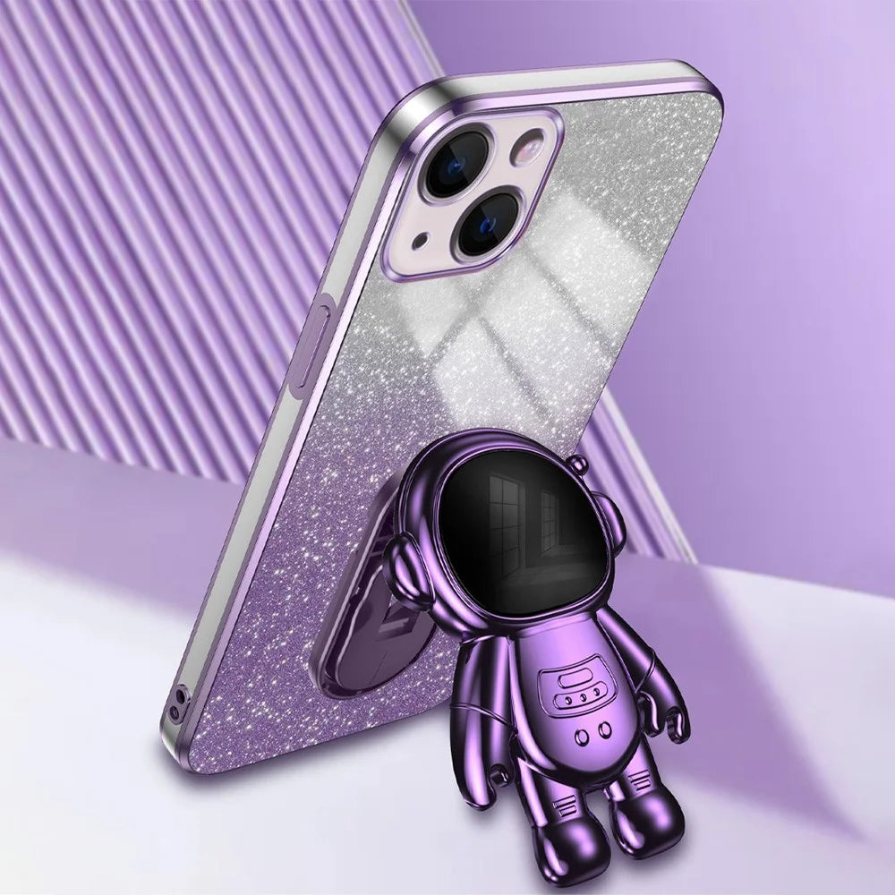 For iPhone 15 Case Slim-Fit Phone Cover Astronaut Kickstand PC+TPU Shell - Purple - 2