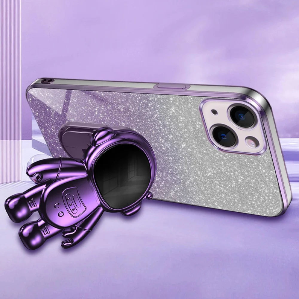 For iPhone 15 Case Slim-Fit Phone Cover Astronaut Kickstand PC+TPU Shell - Purple - 3