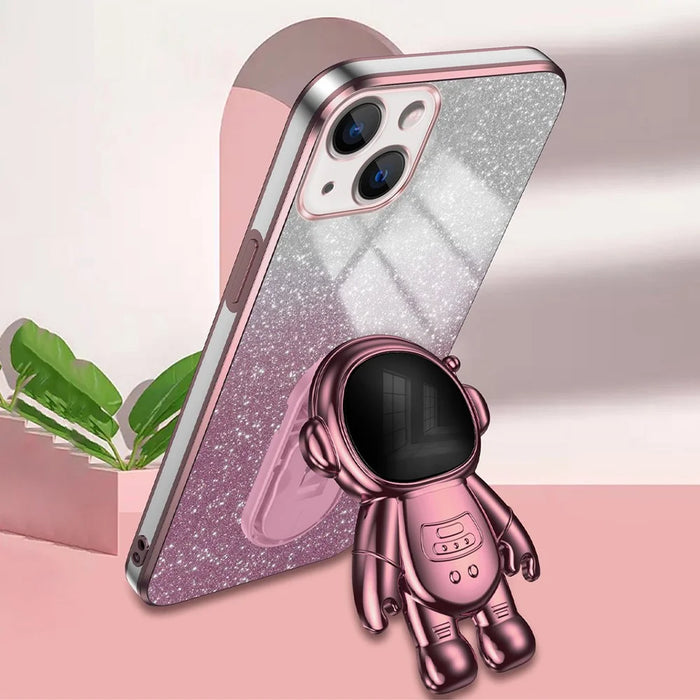 For iPhone 15 Plus Case Electroplating Kickstand PC+TPU Mobile Phone Cover - Pink - 2