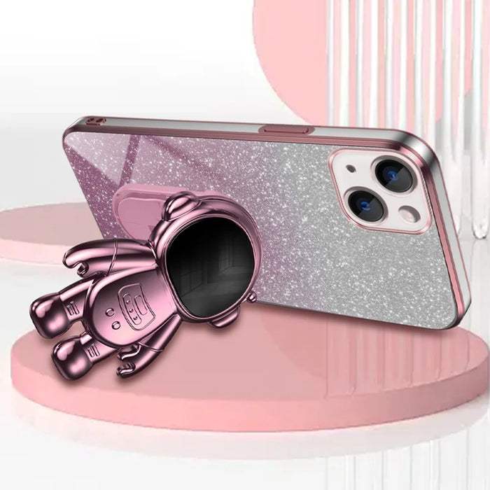 For iPhone 15 Plus Case Electroplating Kickstand PC+TPU Mobile Phone Cover - Pink - 3