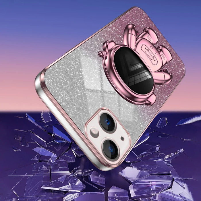 For iPhone 15 Plus Case Electroplating Kickstand PC+TPU Mobile Phone Cover - Pink - 4