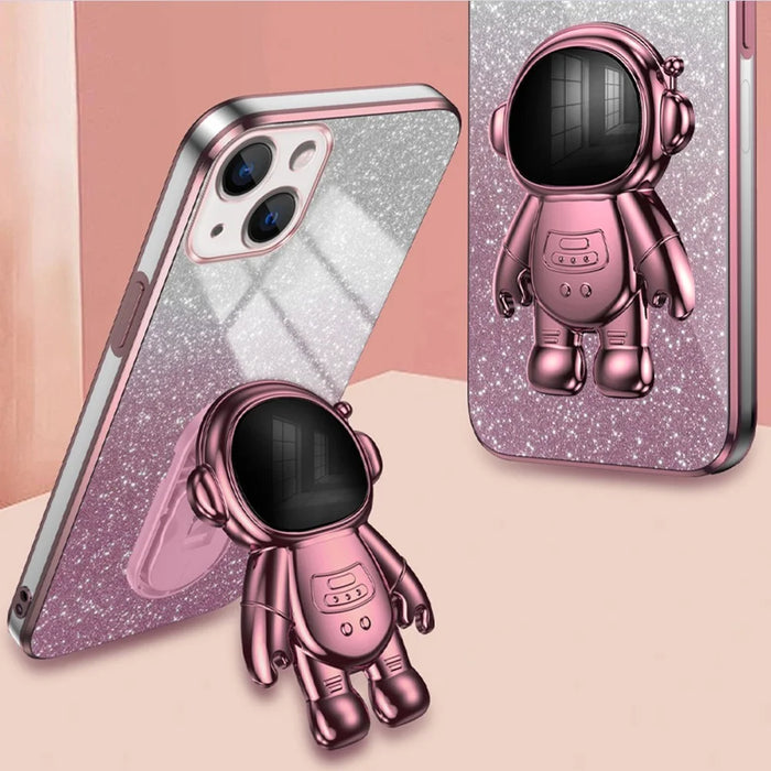 For iPhone 15 Plus Case Electroplating Kickstand PC+TPU Mobile Phone Cover - Pink - 5