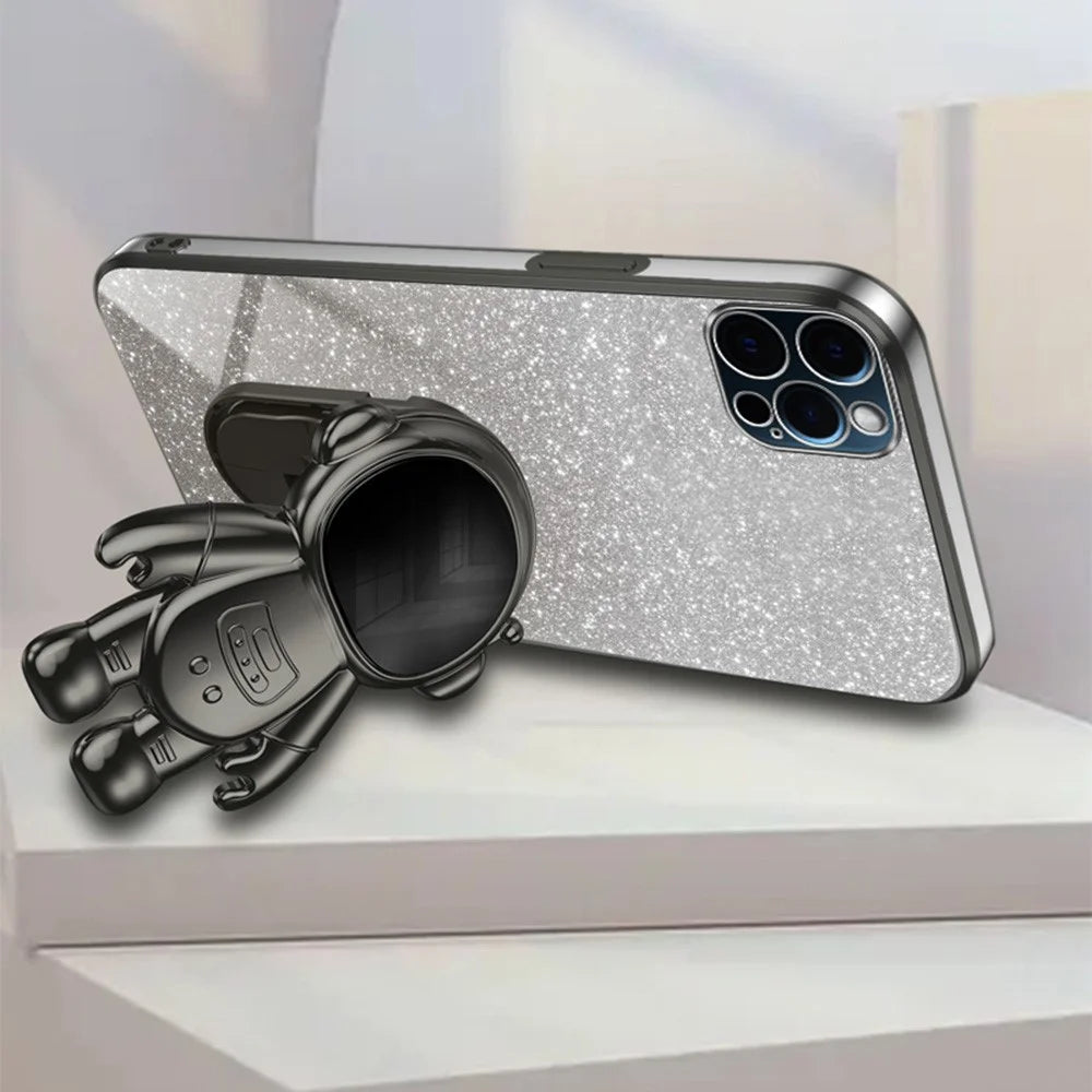 For iPhone 12 Pro Max Phone Case Anti-Scratch PC+TPU Phone Cover with Astronaut Kickstand - Black - 3