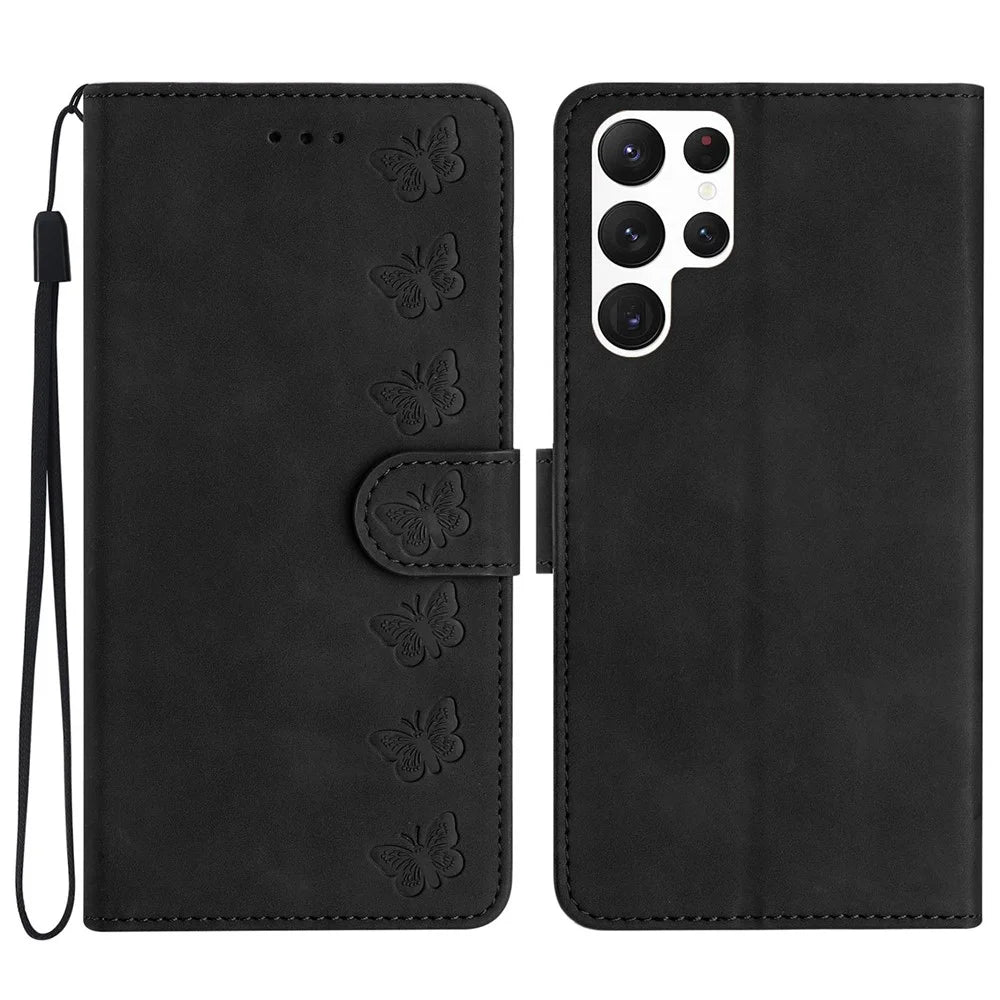 For Samsung Galaxy S24 Ultra Case PU Leather Wallet Imprinted Butterfly Stand Phone Cover - Black - 1