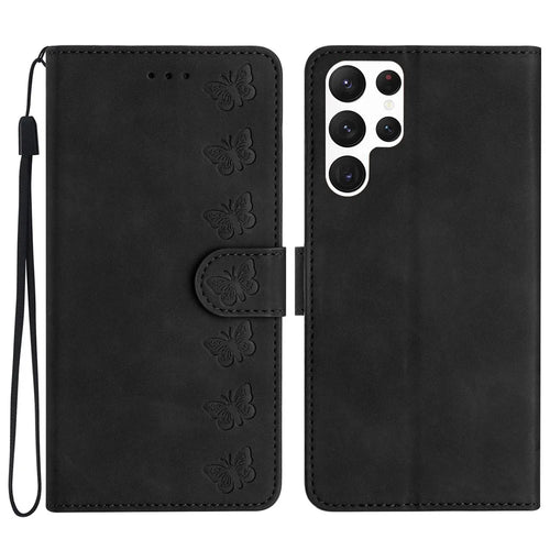 For Samsung Galaxy S24 Ultra Case PU Leather Wallet Imprinted Butterfly Stand Phone Cover - Black - 1