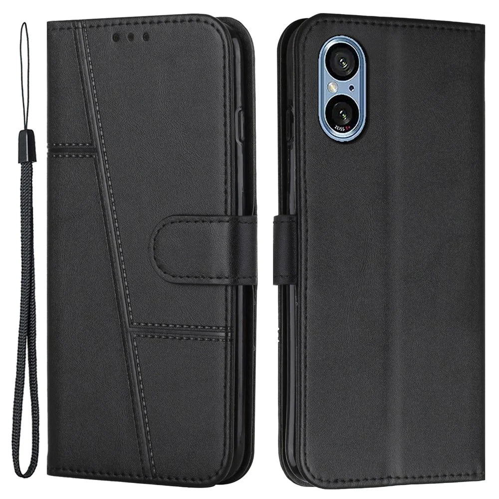 For Sony Xperia 5 V Case Calf Texture PU Leather Cover with Wallet Stand - Black - 1