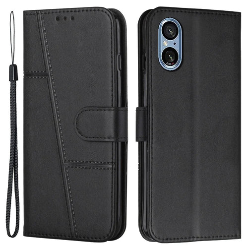 For Sony Xperia 5 V Case Calf Texture PU Leather Cover with Wallet Stand - Black - 1
