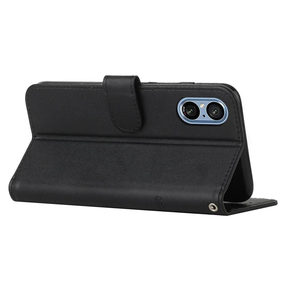For Sony Xperia 5 V Case Calf Texture PU Leather Cover with Wallet Stand - Black - 2