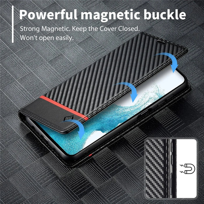 LC.IMEEKE For Samsung Galaxy A15 5G / A15 4G Phone Case Carbon Fiber Texture Shell PU Leather Cover - Horizontal Stripe - 4