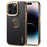 DENIOR For iPhone 14 Pro Max Case PC+TPU+Genuine Cow Leather Electroplating Phone Cover - Black - 1